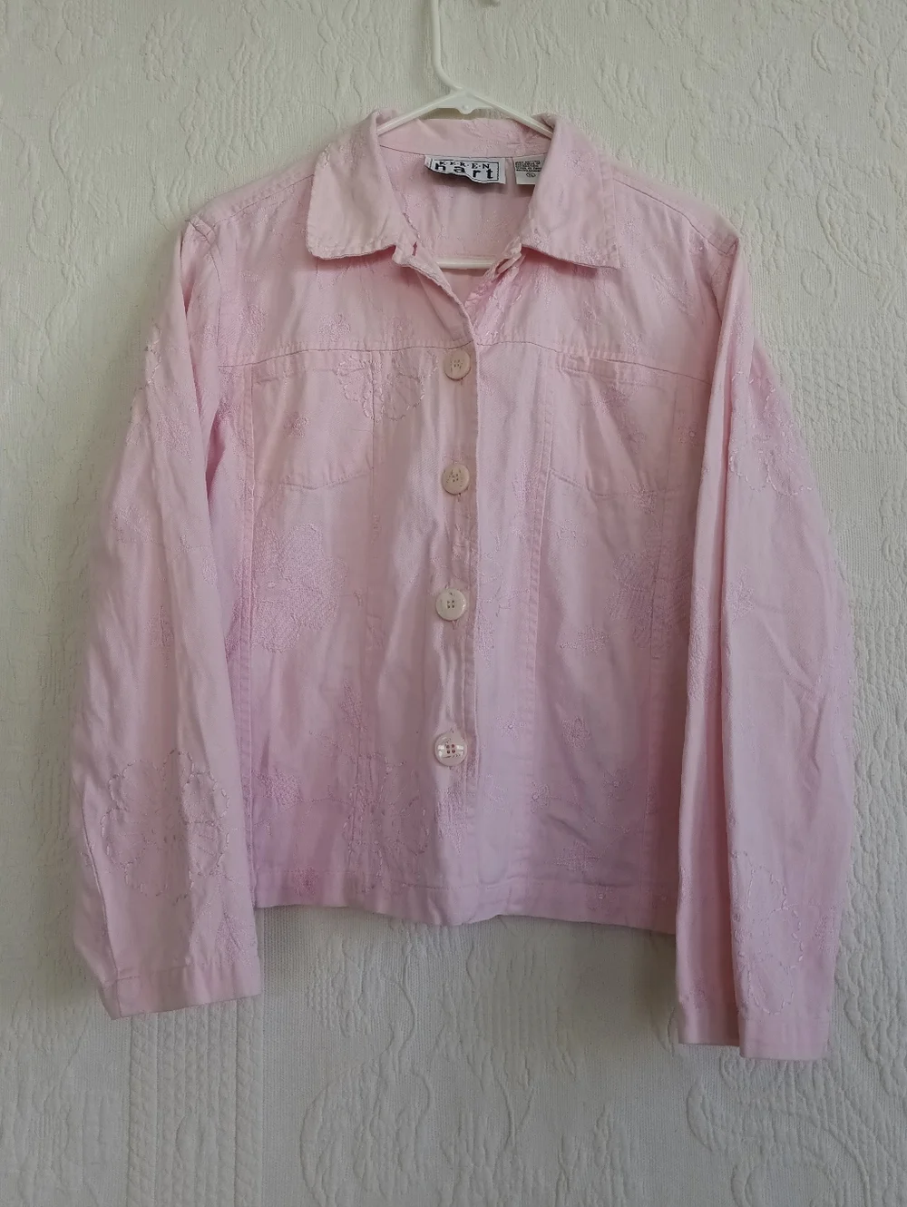 KEREN hart Light Pink Embroidered Jean Jacket Pastel Femme Floral Boho Western